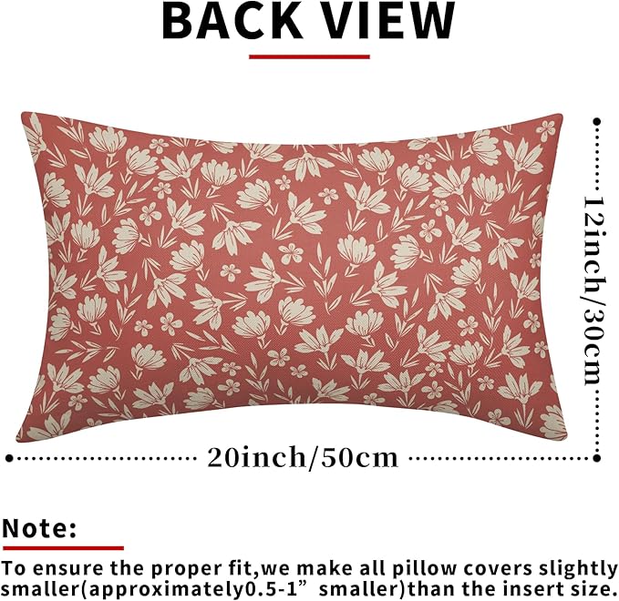 Coral Pink Pillow Covers 12x20 Set of 2 Vintage Floral Rustic Old Style Cute Flower Print Rectangle Decorative Outdoor Pillowcases Seasonal Farmhouse Throw Cushion Case Couch Sofa Bed Decor