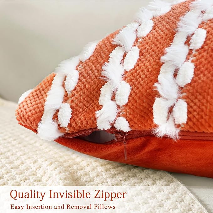 18x18 Boho Pillow Cover-Chenille Tufted Decorative Throw Pillow Cover Soft Velvet Backing, Farmhouse Striped Square Pillow Case for Sofa, Couch, Bedroom, Living Room, Orange-White Stripe
