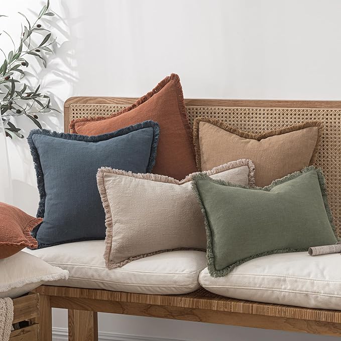 MIULEE Decorative Throw Pillow Covers Neutral Linen Fringe Throw Pillows Set of 2 Natural Linen Boho Farmhouse Cushion Covers with Tassels for Couch Sofa Bed Spring Home Decor 24x24 Inch