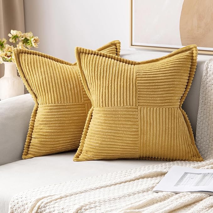 MIULEE Decorative Throw Pillow Covers for Couch Bed Livingroom 16x16 Inch Set of 2 Gold Boho Accent Throw Pllows Broadside Striped Patchwork Soft Corduroy Summer Pillowcases