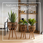Set of 3 Woven Decorative Planter Pot with Stand – Wooden Bamboo & Plywood Outdoor & Indoor Plant Pot – Boho Garden & Home Decor Planters – 20", 23", & 26", Brown