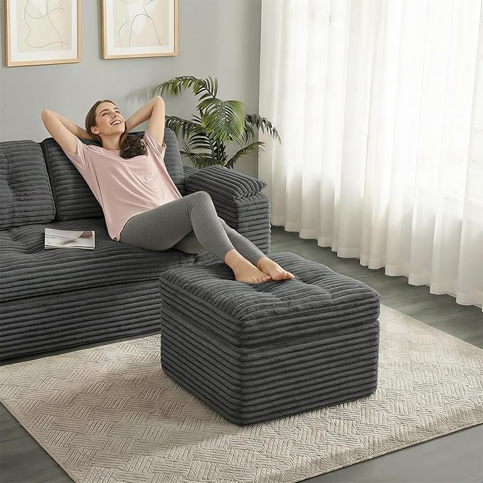 23.6in Pouf Ottoman, Corduroy Ottoman Foot Rest with Dual‑Layer Support, Large Poofy Pouf with Soft Chunk‑Foam Top & Firm Foam Base, Floor Foot Stool for Living Room, Dark Grey