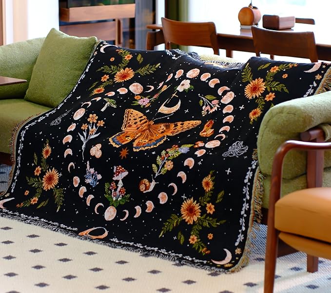 Moon Phase Butterfly Boho Woven Throw Blanket for Couch Bed Lounge Chair Hippie Room Decor Bedspread Boho Vintage Throws Blankets Outdoor Blanket Aesthetic Wall Hanging Celestial Bedroom Decor 51”x59”