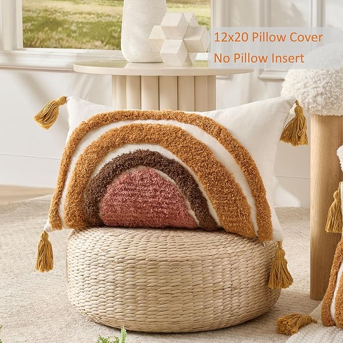 Zealax Boho Decorative Lumbar Pillow Cover 12x20 Inch Rustic Rainbow Tufted Throw Pillow Case with Tassels Colorful Kids Cushion Cover for Couch Bed Living Room Bohemian Home Decor(Only Cover, 1PC)