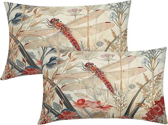 Kawani Summer Dragonfly Lumbar Pillow Covers 12X20 Inch Red Floral Flower Botanical Nature Decorative Pillow Cases Set of 2 Vintage Farmhouse Throw Pillows for Cushion Sofa Couch Outdoor