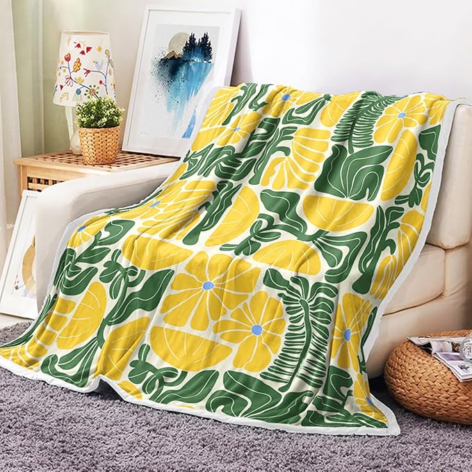 Boho Abstract Colorful Floral Throw Blanket, Vintage Retro Patchwork Yellow Green Flower Botanical Geometric Aesthetic Groovy Flannel Throw Blanket for Chair Bed Sofa Couch, 50X60IN