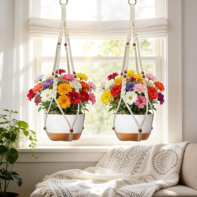 35 inch Macrame Plant Hanger for 5-10 Pot Indoor wall Window Boho Long Crochet White Rope Hanging Planters for Plant Holder Outdoor (Ivory2)
