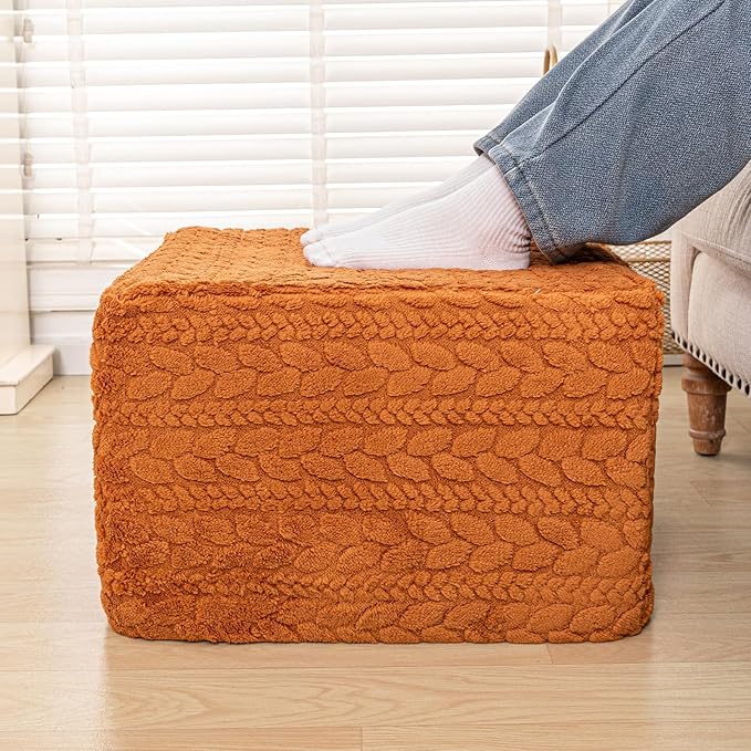 20x20x14 Inches Fluffy Square Pouf Ottoman - Plush Furry Boneless Ottoman Foot Rest Stool with High-Density Foam, Versatile Floor Seating for Living Room (Burnt Orange)