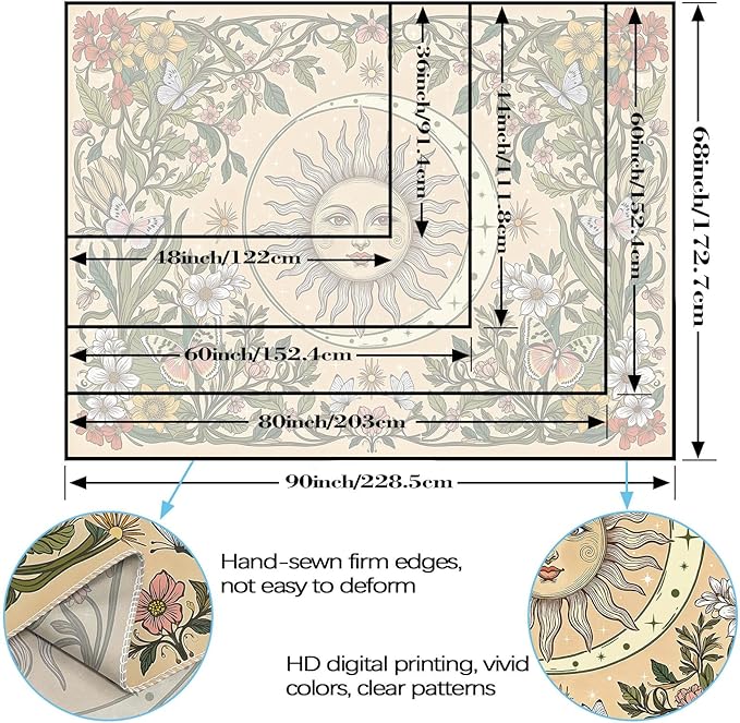 Accnicc Boho Sun and Moon Tapestry Vintage Floral Wall Tapestry for Bedroom Aesthetic Beige Celestial Plant Flower Butterfly Small Tapestries Wall Hanging for Living Room Dorm 48 x 36 Inch