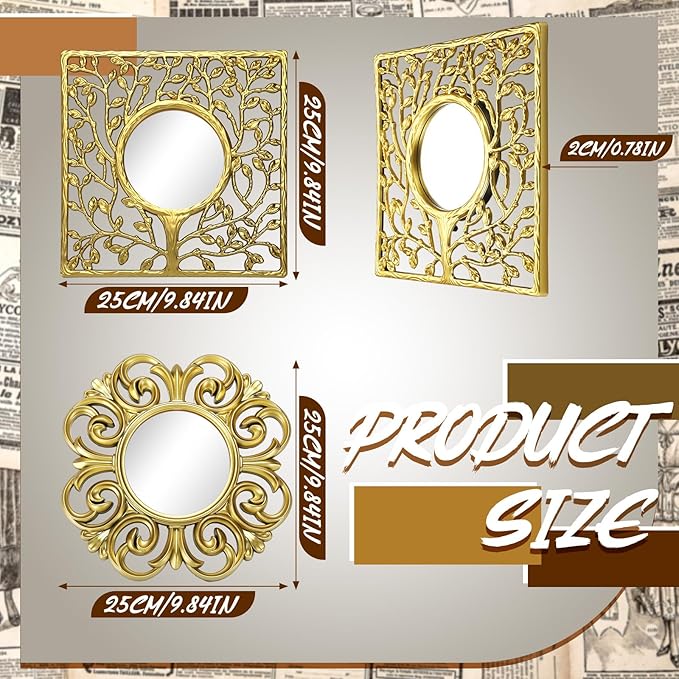 3 Pack Gold Sunburst Mirrors for Wall Decor Circle Flowers Mirrors Decorative Gold Hanging Wall Art Flowers Mirror for Home Living Dinning Room Bedroom Bathroom Boho Decoration Art(Vintage)
