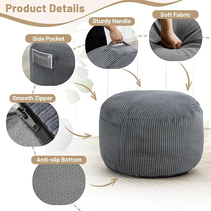 Round Stuffed Pouf Ottoman,Corduroy Foot Rest with Rebound Foam Filled, Furry and Fluffy Foot Stool Ottoman, Floor Poufs for Living Room (Gray, 26" D x 26" W x 18" H)