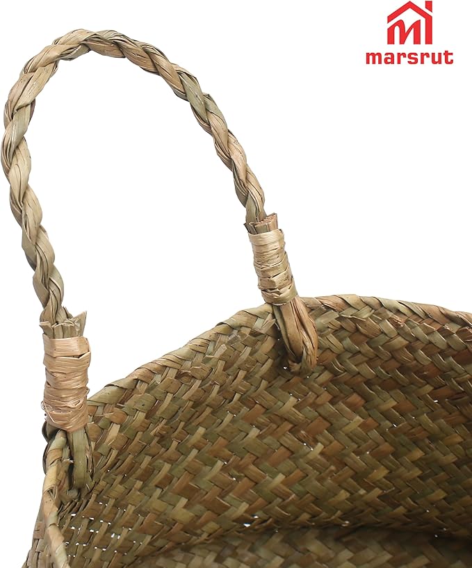 2Pcs Basket for Plant Artificial Trees, 13x11 Inch Seagrass Wicker Pots, Woven Planter Set Eco-Friendly Round Boho Holder Base with Handles for Home Decor Indoor Storage Solution, Black Bottom Pattern