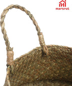 2Pcs Basket for Plant Artificial Trees, 13x11 Inch Seagrass Wicker Pots, Woven Planter Set Eco-Friendly Round Boho Holder Base with Handles for Home Decor Indoor Storage Solution, Black Bottom Pattern