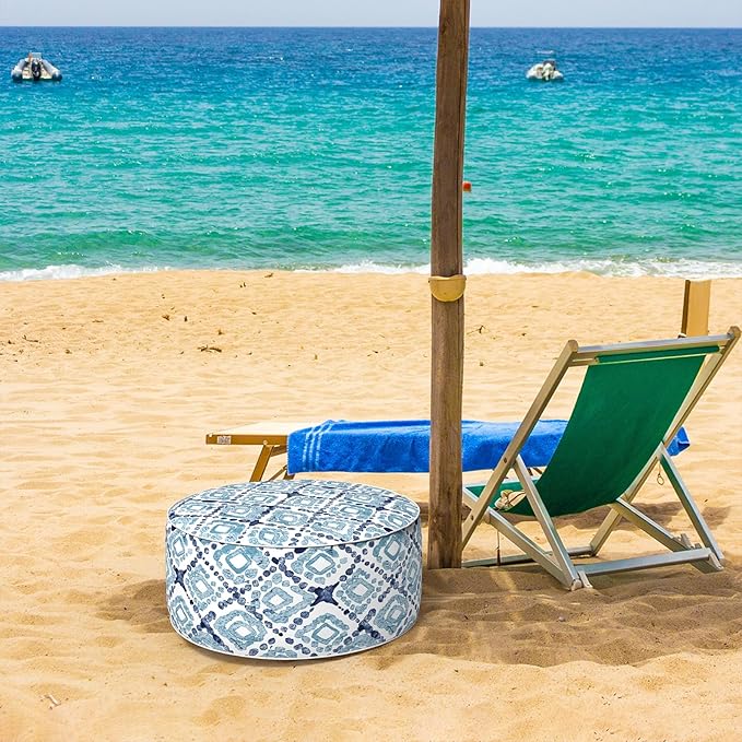 Inflatable Ottoman Stool D21 xH9 for Outdoor/Indoor Use, Water Repellent Patio Foot Rest with Portable Handle,Round Pouf Ottoman Suitable for Garden,Deck and Camping - Geometry Blue