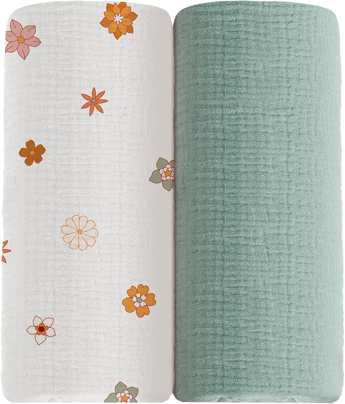 meowcards Muslin Swaddle Blankets for Baby, Unisex Baby Boys Girls Essentials, Large 47 x 47 inches, Boho Receiving Blankets Newborn Registry Must Haves (Sage & Flower-B, Printed)