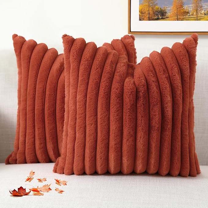 decorUhome Cozy Faux Fur Throw Pillow Covers 18x18 Set of 2 Decorative Soft Plush Striped Modern Farmhouse Boho Couch Pillow Cases with Velvet Back for Sofa Bed Living Room, Rust