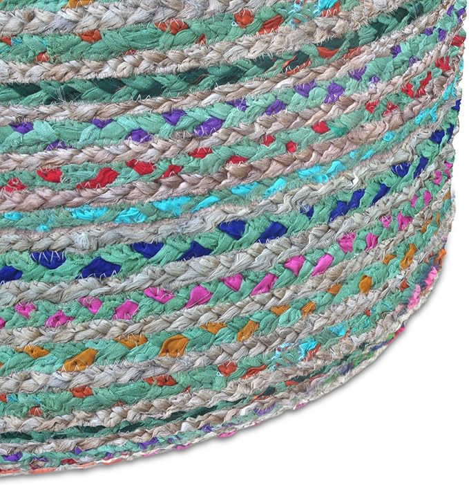 SIMPLIHOME Margo Round Pouf - 20 inch Wide Handwoven Jute and Cotton Braided Ottoman in Green, Boho-Style Footstool or Extra Seating for Living Room or Bedroom with Polystyrene Bead Filling, Assembled