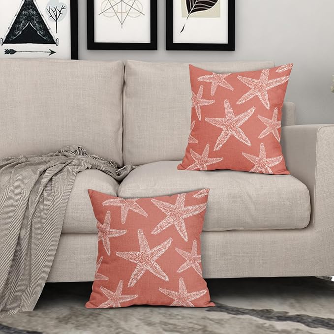 Kawani Beach Coral Starfish Pillow Covers 20X20 Inch Summer Nautical Coastal Ocean Decorative Pillow Cases Set of 2 Cotton Linen Throw Pillows Seasonal Home Decor for Sofa Couch Cushion Outdoor