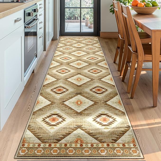 Area Rug 2x6 Rug Machine Washable Non-Slip Low Pile Print Pattern Western Rug for Living Room Bedroom Entryway Tribal Series -Cream/Camel