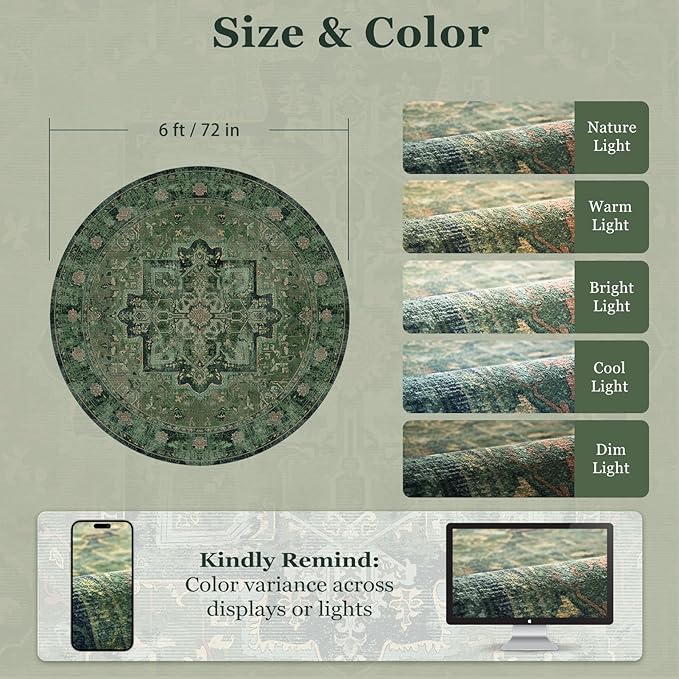 Round Rugs 6ft Dark Green, Low Pile Thin Circle Area Rugs Washable Non Slip, Vintage Medallion Printed Circle Carpet for Bedroom Living Room Kitchen Dining Room