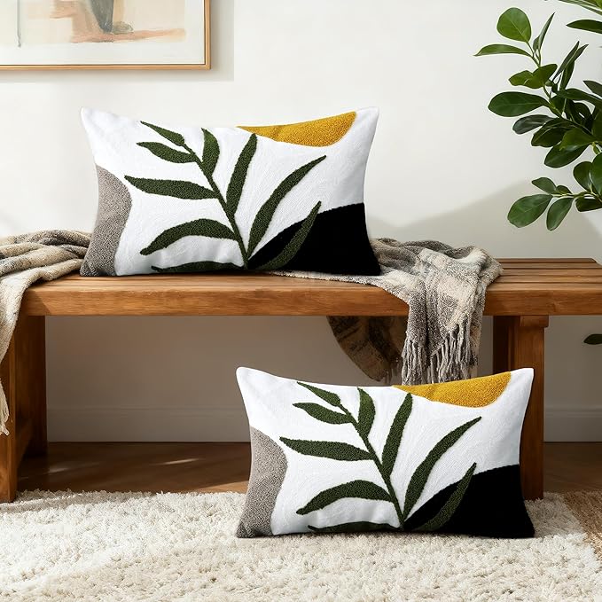 Boho Embroidered Throw Pillow Covers 12x20, Lumbar Decorative Pillow Covers Tufted Abstract Modern Leaf Sun Textured Couch Cushion Cases for Sofa Bed Living Room Decor (1PC, Black Orange)