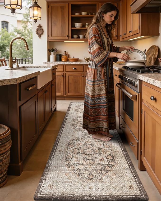 DEXI Kitchen Floor Mats Anti Fatigue, 23x86 Large Long Cushioned Vintage Runner Rug Waterproof, Standing Comfort Memory Foam Padded for Front Sink Laundry Office, Beige and Brown