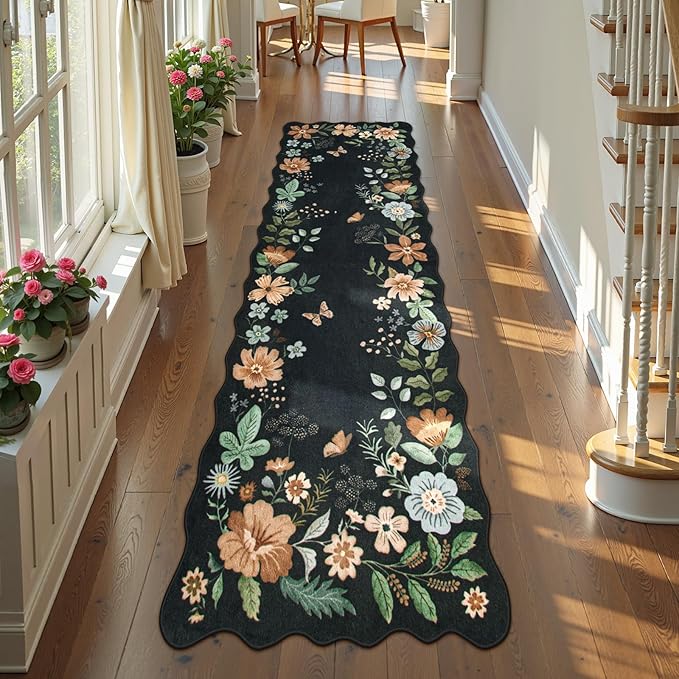 Lahome Floral Runner Rug for Hallways, 2'6''x8' Kitchen Runner Non Slip, Soft Washable Hallway Rugs with Rubber Backing Carpet for Laundry Bedroom Bathroom Flore (Black/Grey)