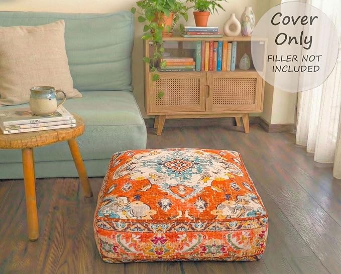 Mandala Life ART Large Yoga Décor Bean Bag Cover Orange Boho Chic Orange Decorative Floor Cushion Moroccan Seating Area Perfect for Living Room, Bedroom, Nursary or Children Room Unstuffed