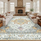 Area Rugs 10'x14' Washable Non-Slip, Floral Vintage Distress Print Pattern Medallion Carpet for Living Room Bedroom Dining Room, Light Yellow Carbon Grey Orange