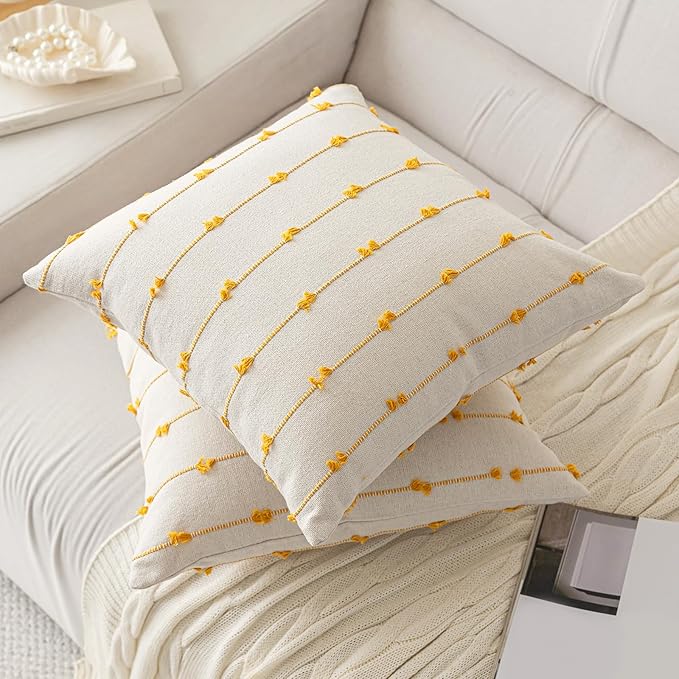 Boho Throw Pillow Covers 22x22 Set of 2 Modern Farmhouse Decorative Cushion Case Tufted Square Pillows Cover Neutral Pillow Cases Accent Pillowcase for Sofa,Couch,Bed,Beige and Yellow