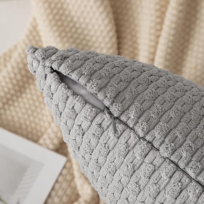 Kevin Textile 14x22 Inch Pillow Cover 1 Pack Boho Decorative Soft Striped Corduroy Lumbar Farmhouse Solid Color Accent Rectangle Cushion Case for Living Room Couch Sofa Bed, Light Grey