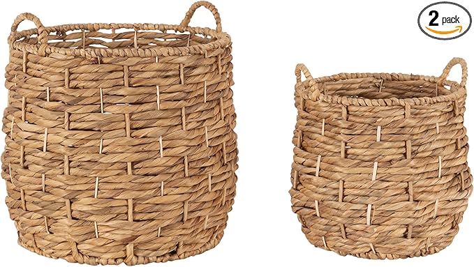 Kate and Laurel Livia Modern Two-Piece Woven Basket Set; 16 x 16 and 13 x 13; Natural Water Hyacinth; Transitional Natural Wicker Baskets for Use as Woven Planters or Living Room Blanket Baskets