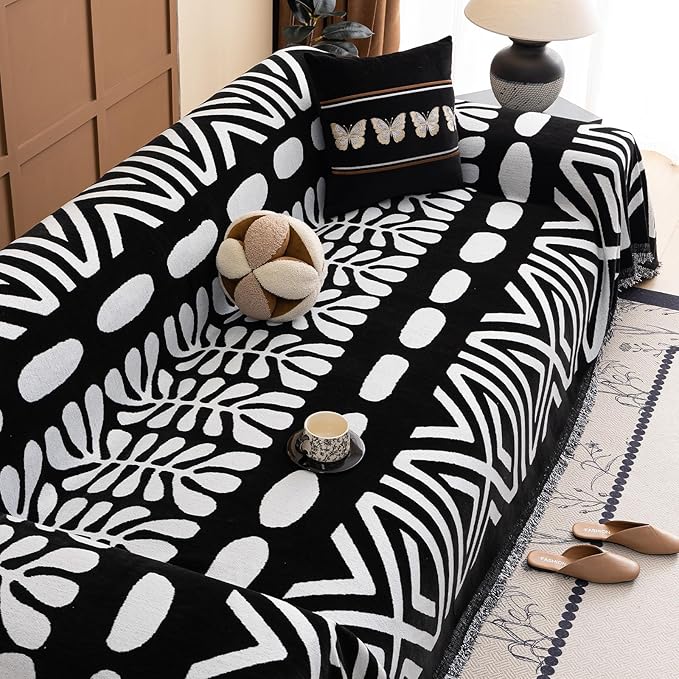 VClife Minimalism Tribal Couch Cover Non Slip White Black Geometric Jacquard Sofa Cover Washable Bohemian Style Aztec Couch Slipcover for Sectional Couch Chenille Furniture Protector 71''x118''