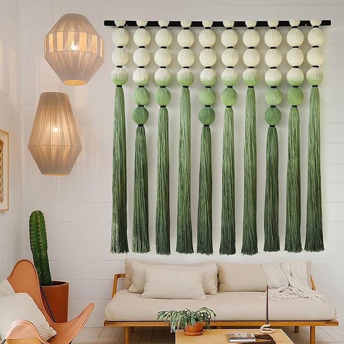 IOWER Macramé Wall Hanging Macrame Wall Decor Green Dip Dye 39" Wx39 L Sphericity Cotton Textile Wall Art Large Art Yarn Wall Hanging For Living Room Wedding