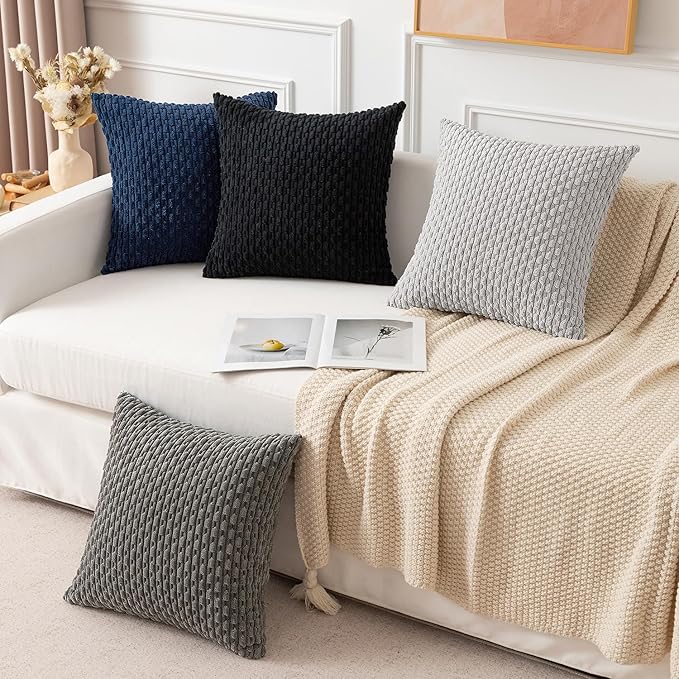 Kevin Textile 16x24 Inch Pillow Cover 1 Pack Boho Decorative Soft Striped Corduroy Lumbar Farmhouse Color Accent Rectangle Cushion Case for Living Room Couch Sofa Bed, Navy Blue