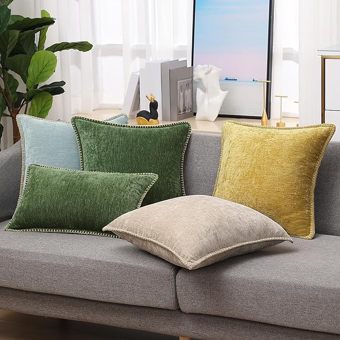 decorUhome Summer Chenille Soft Cozy Throw Pillow Covers 18x18 Set of 2, Modern Farmhouse Boho Velvet Decorative Pillow Cases with Stitched Edge for Couch Sofa Bed Home Decor, Mineral Yellow