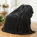 NEWCOSPLAY Super Soft King Blanket Black Premium Silky Flannel Fleece 3D Ribbed Jacquard Lightweight Bed Blanket All Season Use (Black Ribbed, King(90"x110"))