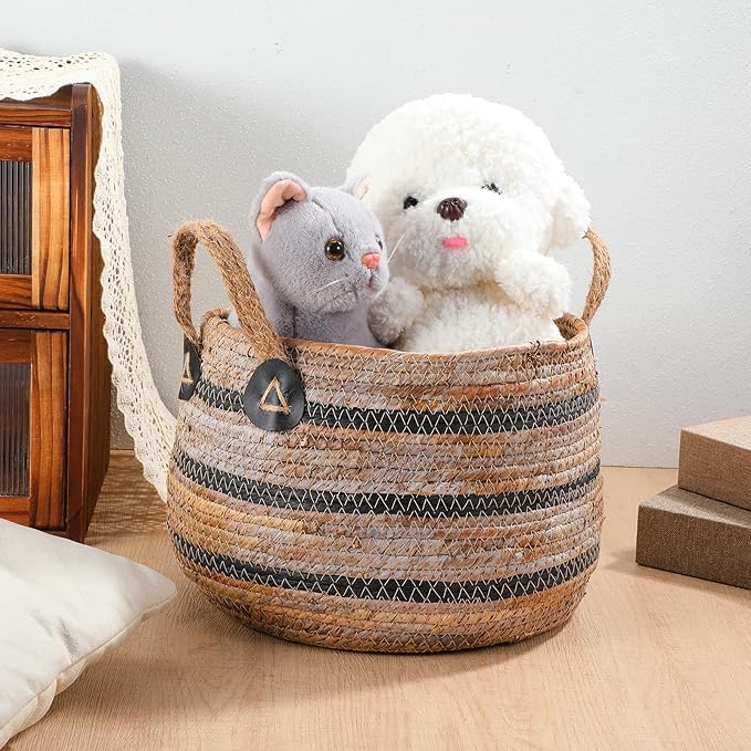 Zerodeko Woven Storage Baskets Straw Planter Basket Toy Blanket Organizer Seagrass Laundry Large Wicker Plant Tree for Dirty Clothes Pillows