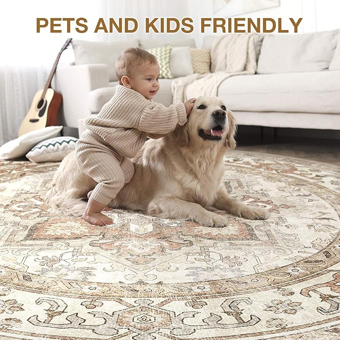 Round Washable Area Rug 8ft, Boho Vintage Distressed Oriental Medallion, Neutral Blue, Thin Carpet for Living Room Bedroom Home Office Decor