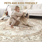 Round Washable Area Rug 8ft, Boho Vintage Distressed Oriental Medallion, Neutral Blue, Thin Carpet for Living Room Bedroom Home Office Decor