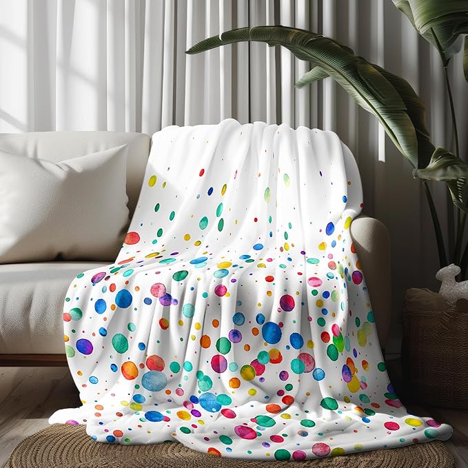Kids Colorful Throw Blanket, Rainbow Polka Dot Funny Bright Blanket for Bed Sofa Travel and Camping Flannel Blanket Gift, Super Soft Cozy Fluffy Plush Blanket for All Seasons, 50" x 60"