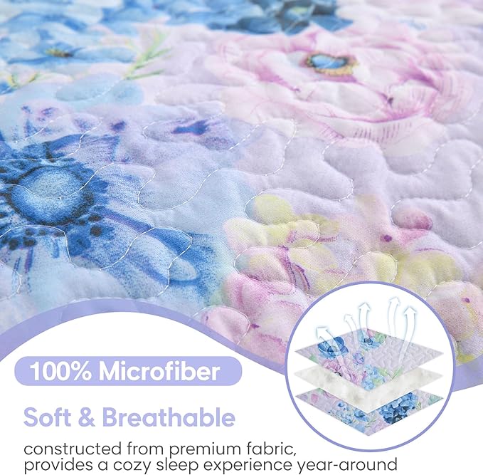 JSD Hydrangea Floral Quilt Set Twin Size, 2 Piece Printed Bedspreads Coverlet with Pillow Sham, Lightweight Quilted Blanket
