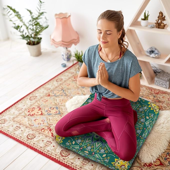 Mandala Meditation Cushion, Boho Meditation Mat, Meditation Pillows for Sitting on Floor, Cushions for Sitting in Home and Outdoor, Square Floor Pillow Cushion Seating for Yoga Accessories 22'' X 22''