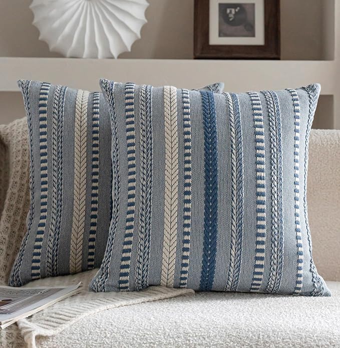 Boho Throw Pillow Covers 18x18 Inch Set of 2, Farmhouse Decorative Couch Pillow Cases, Blue Accent Pillows of Bed, Sofa Bedroom Living Room Home Decor Cushion Cover