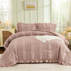 WONGS BEDDING Pink Comforter Set King,3 Pieces Ruffle Farmhouse Shabby Chic Boho Comforter for King Bed,Soft Textured Bedding Set with 1 Ruffle Comforter,2 Tufted Pillowcases 104"×90"