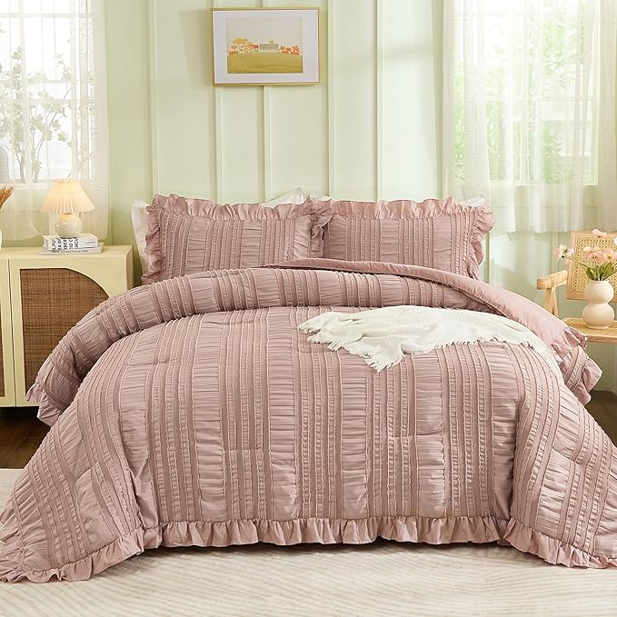 WONGS BEDDING Comforter Full Size, Pink Ruffle Comforter for Full Bed for Dorm Room Essentials, Soft Seersucker Textured Bedding Set Full Size Comforter Sets for Girls 90"×78"