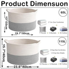 115L Large Blanket Basket,23.6" L x 23.6" W x 15.7" H Rope Woven Baskets with Handles, Toys Storage Bins,Laundry Basket Perfect for Living Room, Nursery,Bedroom,Home Organization,White&Grey