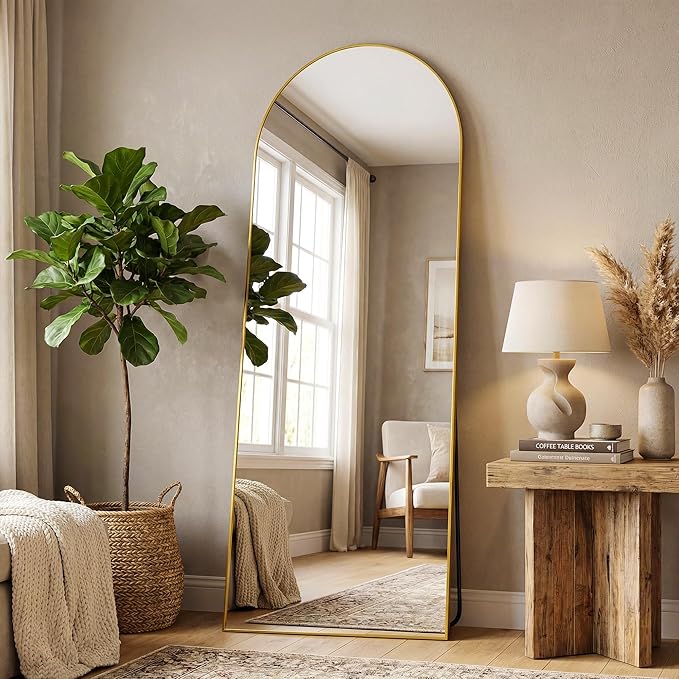 Antok 58" x19” Arched Full Length Floor Mirror, Gold Aluminum Frame, Free Standing/Wall Mount/Leaning for Bedroom, Living Room, Dressing Room