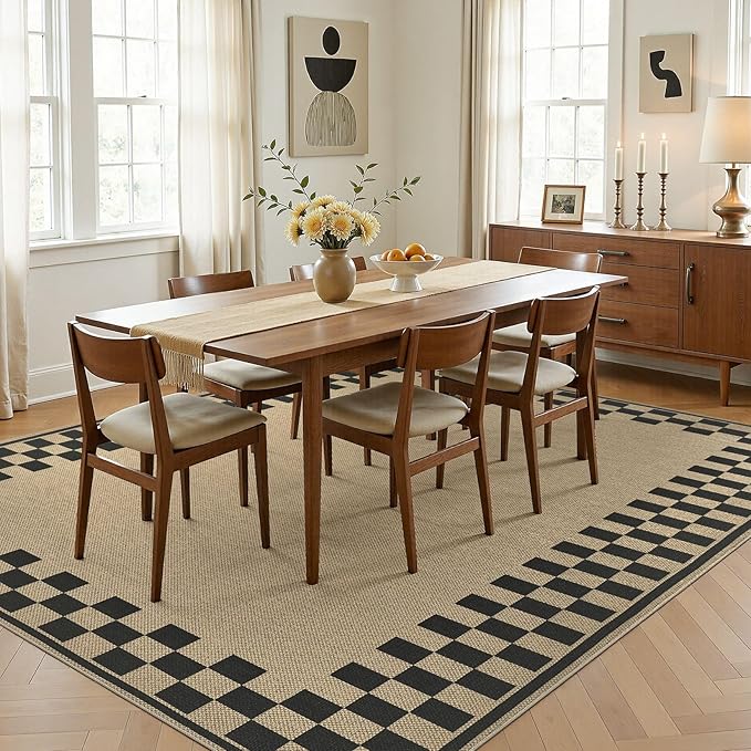 8x10 Jute Rug for Living Room: Farmhouse Carpet Indoor Outdoor Washable Non Slip Area Rug for Bedroom Patio Backyard Dining Room Table Home Office - Checkered Brown