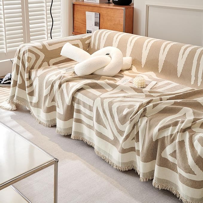 ROOMLIFE Boho Couch Cover for 3 Cushion Couch L Shape Sofa Covers for Sectional Sofa Reversible Silpcover for Dogs Washable Chenille Furniture Protector for Living Room,91"x134"